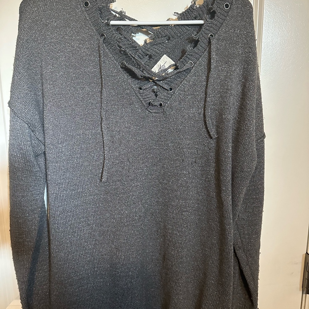 Gray Lace-Up Sweater